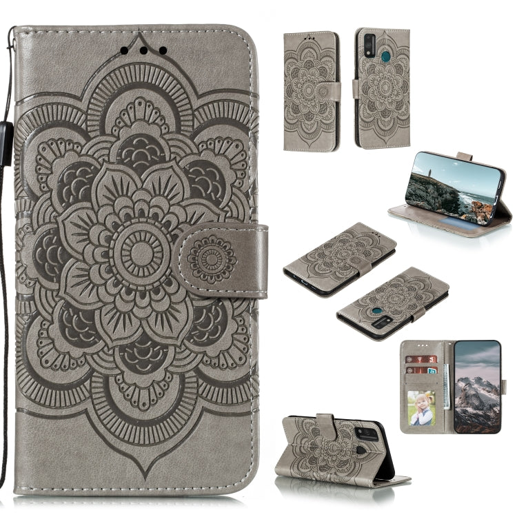 Gray PU leather phone wallet case with mandala emboss, horizontal flip, card slots, stand
