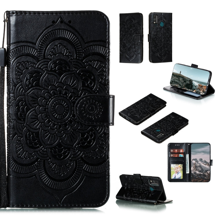 Black PU leather phone wallet case with mandala emboss, horizontal flip, card slots, stand