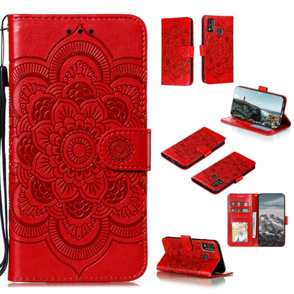 Red PU leather phone wallet case with mandala emboss, horizontal flip, card slots, stand