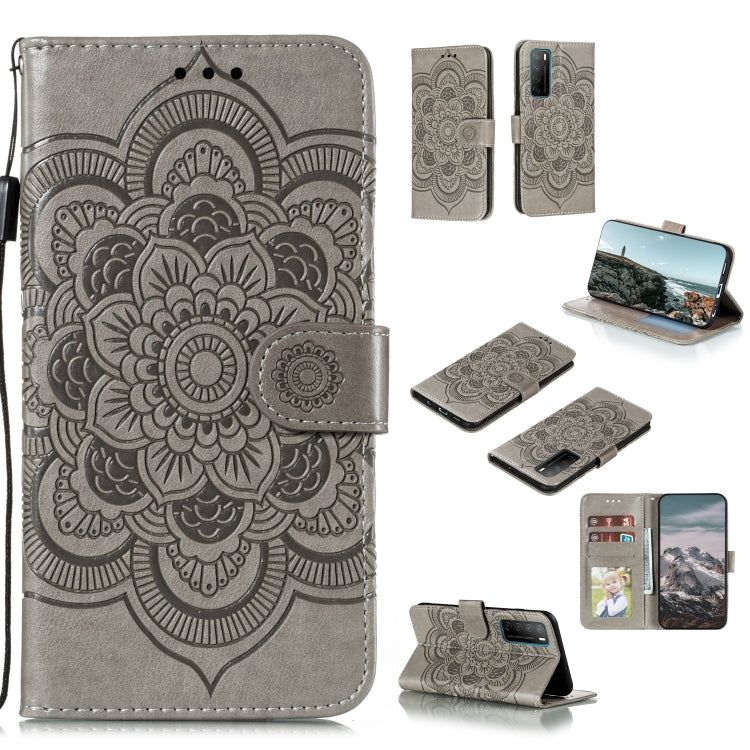Gray mandala embossed PU leather wallet phone case with card slots and stand