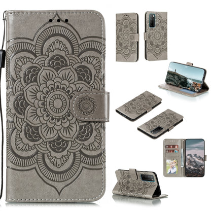 Gray mandala embossed PU leather wallet phone case with card slots and stand