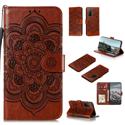 Brown PU leather phone case with embossed mandala, flip cover, card slots and strap