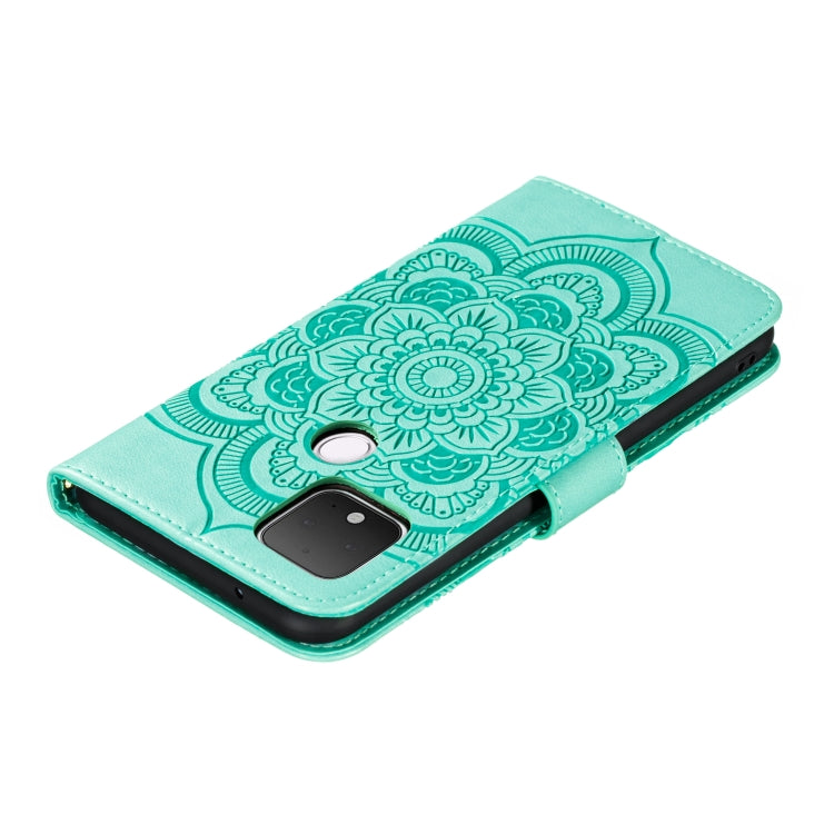 Teal mandala PU leather flip phone case with camera cutout and snap closure