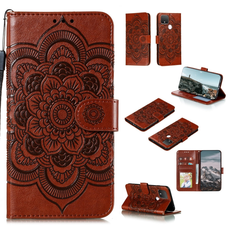 Brown PU leather phone wallet case with embossed mandala, card slots, and stand