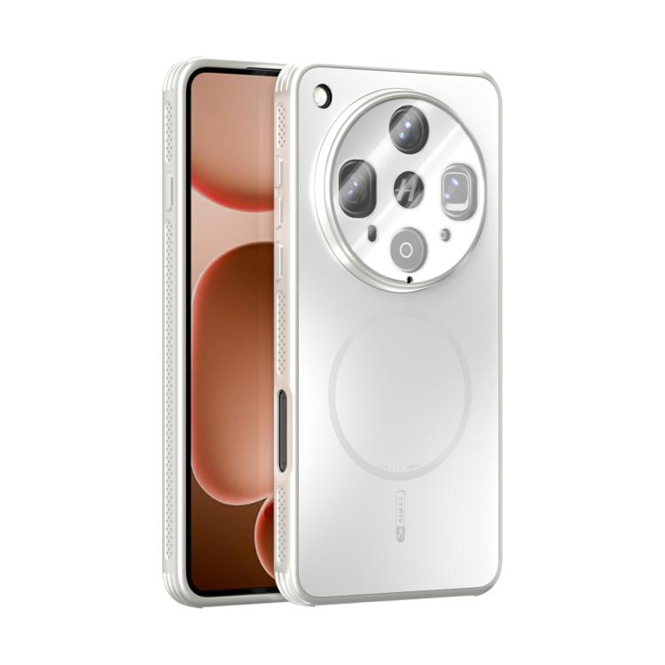 White frosted MagSafe phone case with lens film and raised camera cutouts