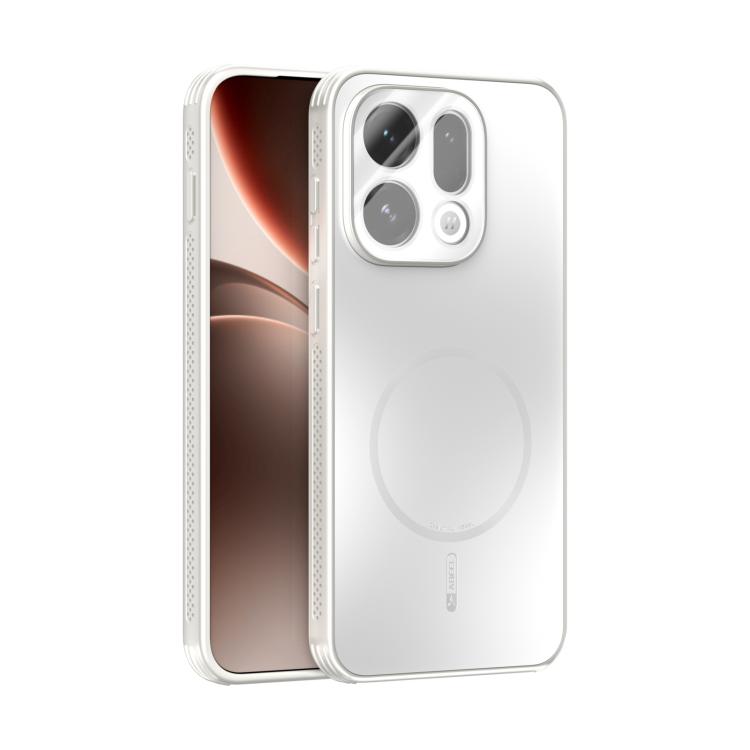 Frosted MagSafe phone case with lens film and circular heat panel, bright white