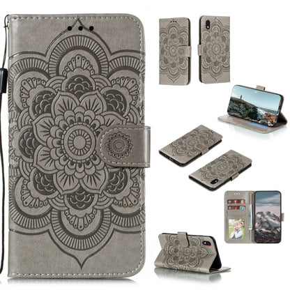 Gray PU leather phone wallet case with embossed mandala, card slots, flip stand cover.