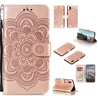 PU leather phone wallet case with mandala emboss, flip cover, card slots, light pink