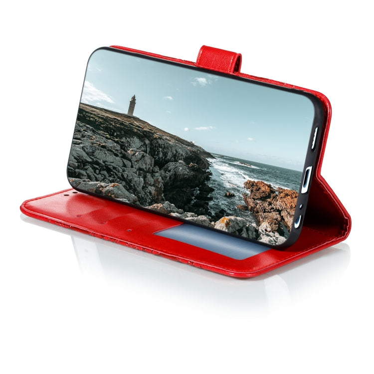 Red PU leather folio case propped up for viewing with mandala-embossed cover