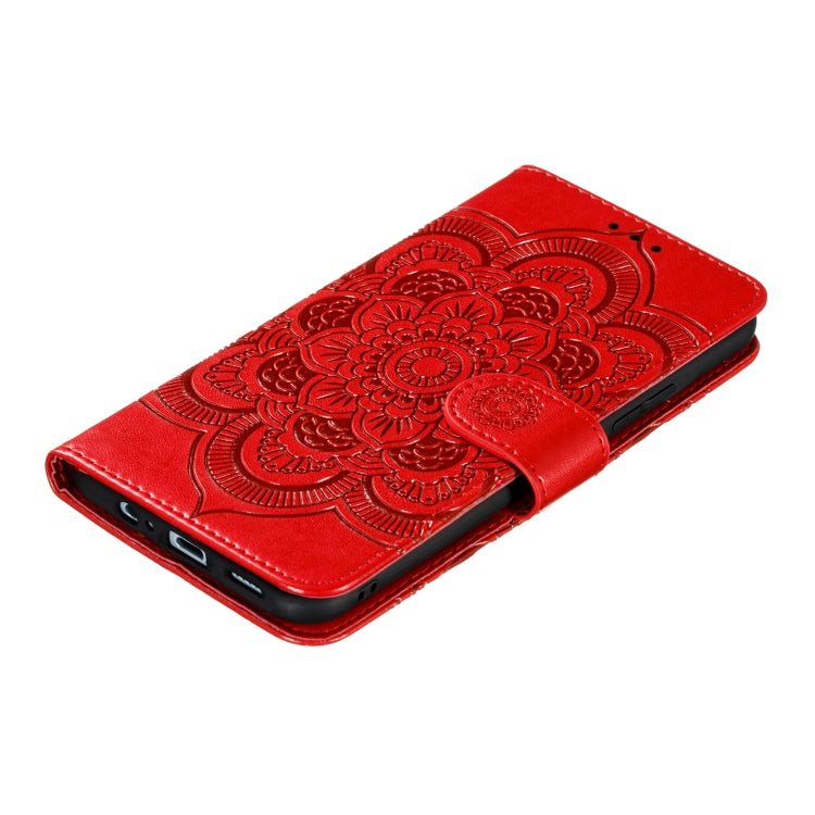Red PU leather phone case with mandala embossing and side button cutouts