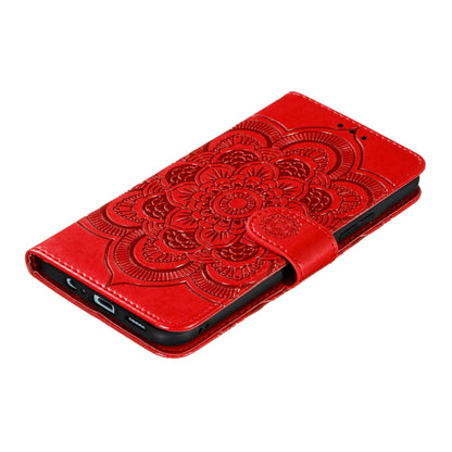 Red PU leather phone case with mandala embossing and side button cutouts