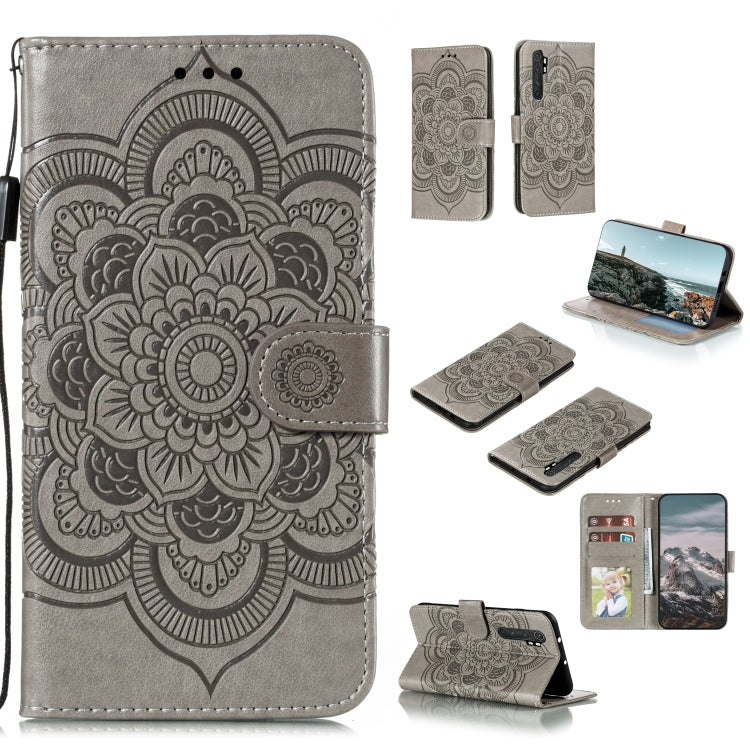 Gray PU leather phone wallet case with embossed mandala, card slots, flip stand cover.