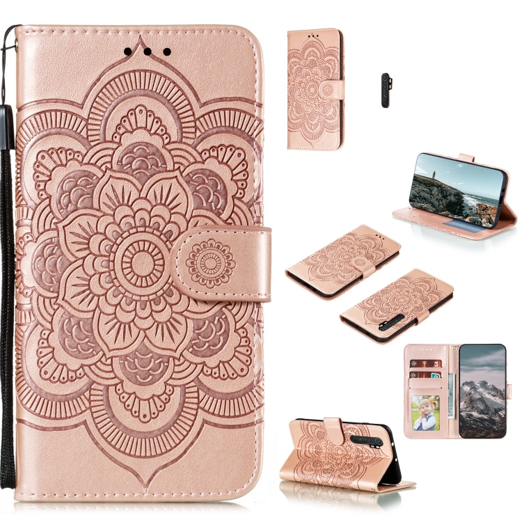 Rose pink PU leather phone wallet case with embossed mandala, card slots, flip stand cover.