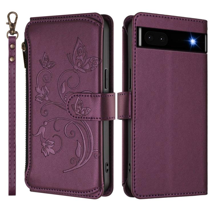 Dark purple leather phone wallet case, butterfly-flower embossed front and side view, zipper pull.