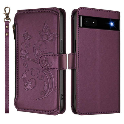 Dark purple leather phone wallet case, butterfly-flower embossed front and side view, zipper pull.