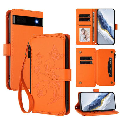 Orange leather wallet phone case with zipper, multi-card slots, wrist strap, embossed flowers.