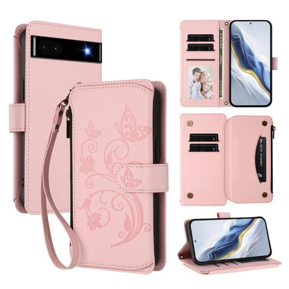 Pink leather wallet phone case with zipper, multi-card slots, wrist strap, floral embossed.
