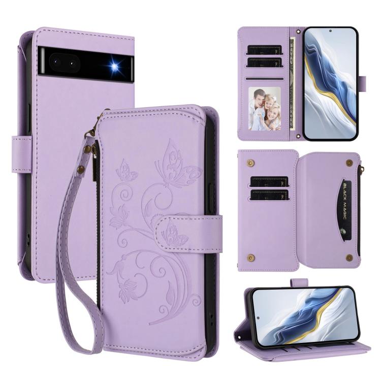 Light purple leather wallet phone case with zipper, multi-card slots, wrist strap, floral emboss.
