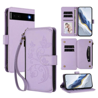 Light purple leather wallet phone case with zipper, multi-card slots, wrist strap, floral emboss.