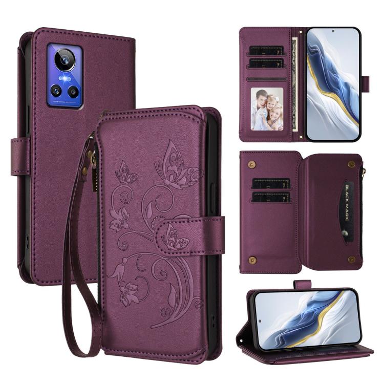 Butterfly Love Flower Multi-card Zipper Wallet Leather Phone Case, For Realme GT Neo 3, For Realme 9 5G India, For Realme 9 Pro 5G Global / 9 5G EU