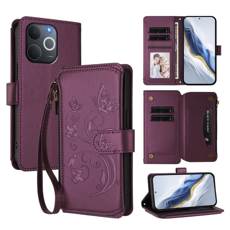 Butterfly Love Flower Multi-card Zipper Wallet Leather Phone Case, For Realme P4x 5G / OnePlus Nord CE6 Lite, For Realme 16T 5G Global, For Realme C100 / C85 5G Global / 15X 5G, For Realme P4 Power 4G, For Realme Note 80 4G Global, For Realme 16 5G Glo...