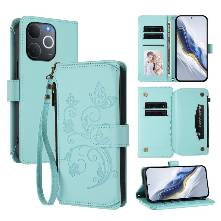 Butterfly Love Flower Multi-card Zipper Wallet Leather Phone Case, For Realme P4x 5G / OnePlus Nord CE6 Lite, For Realme 16T 5G Global, For Realme C100 / C85 5G Global / 15X 5G, For Realme P4 Power 4G, For Realme Note 80 4G Global, For Realme 16 5G Glo...