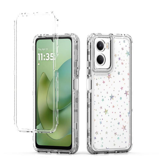 Transparent acrylic phone case with clear bumper and multicolor star pattern, for a phone