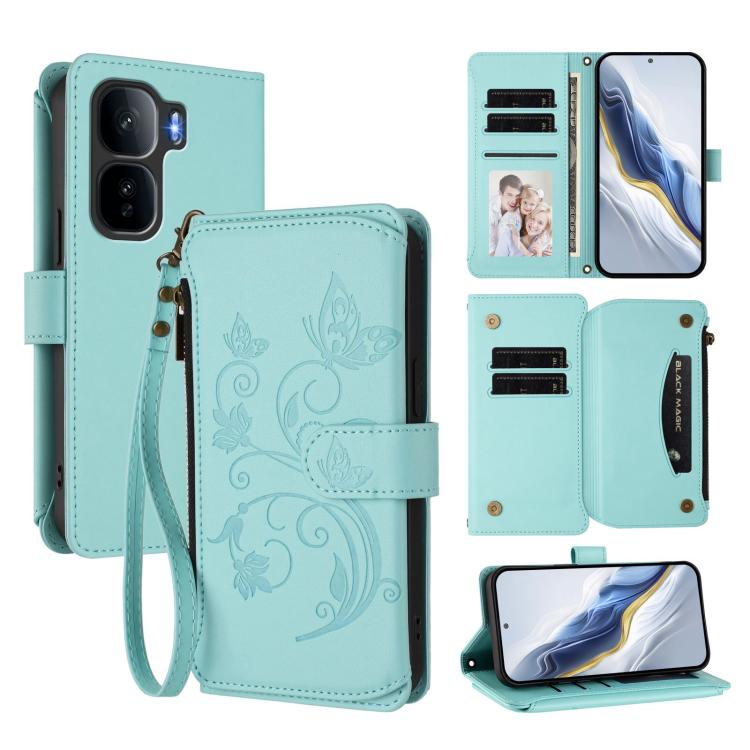 Light mint green leather-style zip wallet phone case with floral butterfly embossed pattern