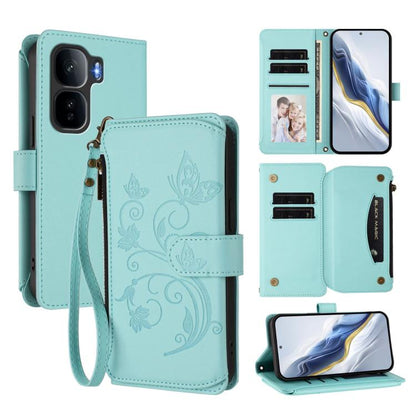 Light mint green leather-style zip wallet phone case with floral butterfly embossed pattern