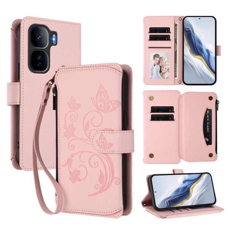 Pink leather-style zip wallet phone case with floral butterfly embossed pattern