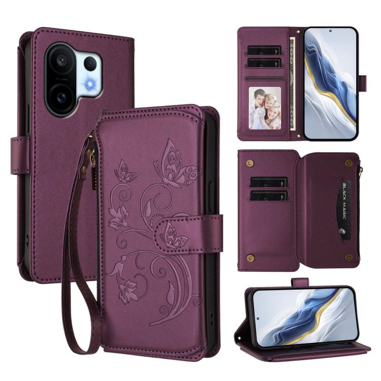 Dark purple leather wallet phone case with embossed butterfly-flower design, card slots, zipper.