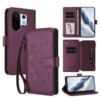 Dark purple leather wallet phone case with embossed butterfly-flower design, card slots, zipper.