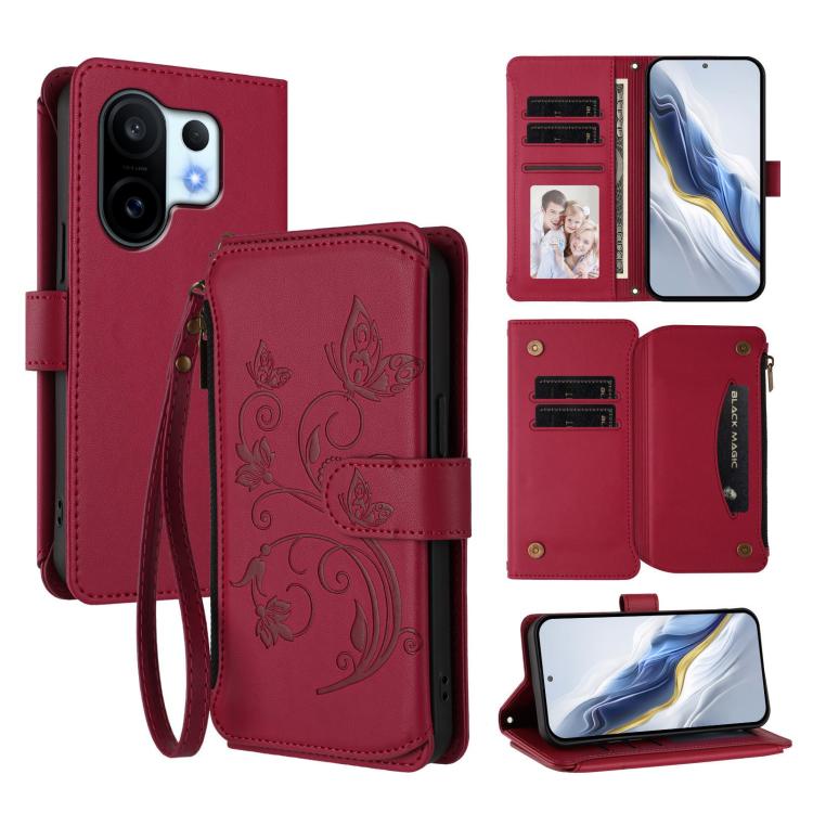 Wine red leather wallet phone case with embossed butterfly-flower design, card slots, zipper.