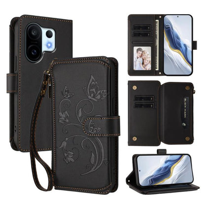 Dark gray butterfly floral wallet-style phone case with wrist strap and card slots