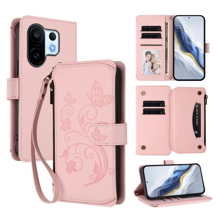 Pink butterfly floral wallet-style phone case with wrist strap and card slots