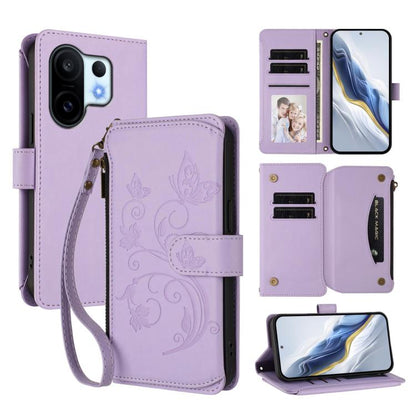 Lavender butterfly floral wallet-style phone case with wrist strap and card slots