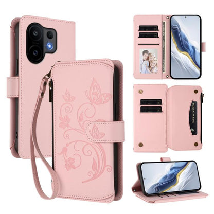 Pink zipper wallet phone case with butterfly-floral pattern, card slots and wrist strap