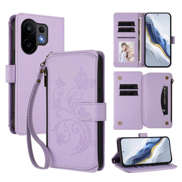 Light purple zipper wallet phone case with butterfly-floral pattern, card slots and wrist strap