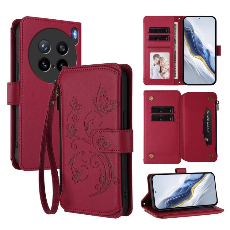 Wine red zipper wallet phone case with butterfly-floral pattern, card slots and wrist strap