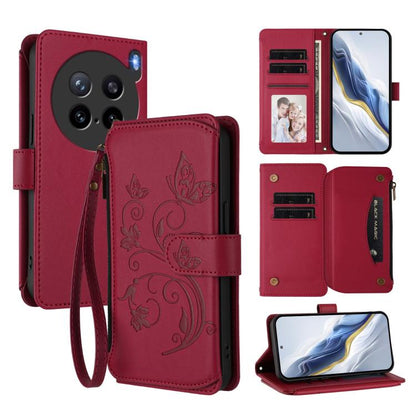 Wine red zipper wallet phone case with butterfly-floral pattern, card slots and wrist strap