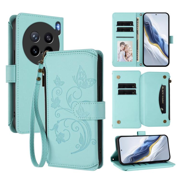 Mint green zipper wallet phone case with butterfly-floral pattern, card slots and wrist strap