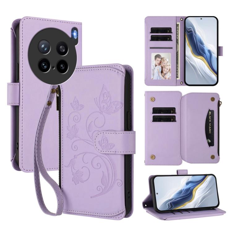 Light purple zipper wallet phone case with butterfly-floral pattern, card slots and wrist strap