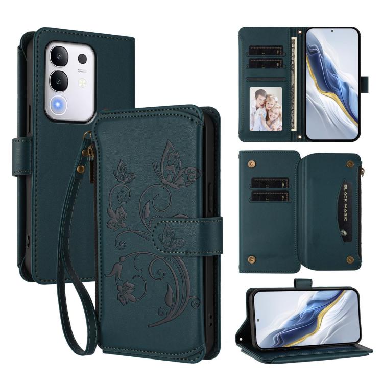 Dark green leather wallet phone case with floral butterfly pattern, zipper and wrist strap.
