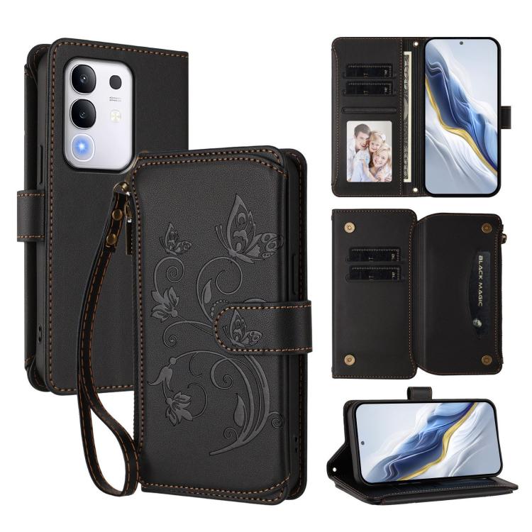 Black leather wallet phone case with floral butterfly pattern, zipper and wrist strap.