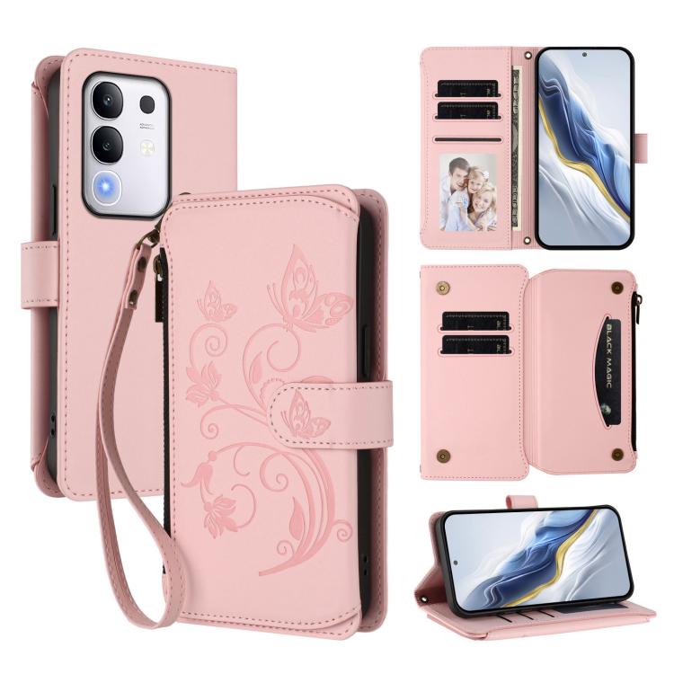 Pink leather wallet phone case with floral butterfly pattern, zipper and wrist strap.