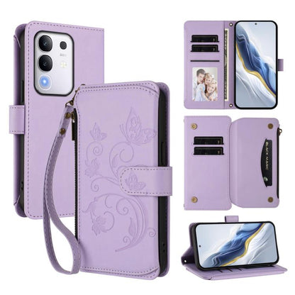 Light purple leather wallet phone case with floral butterfly pattern, zipper and wrist strap.