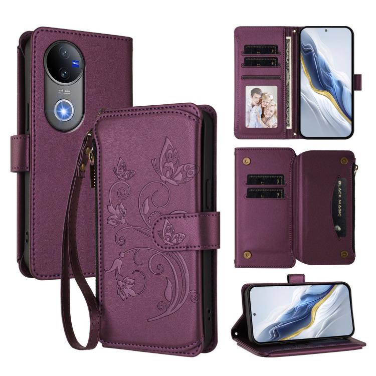 Dark purple leather wallet phone case with floral butterfly pattern, zipper and wrist strap.