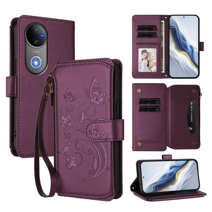 Dark purple leather wallet phone case with floral butterfly pattern, zipper and wrist strap.
