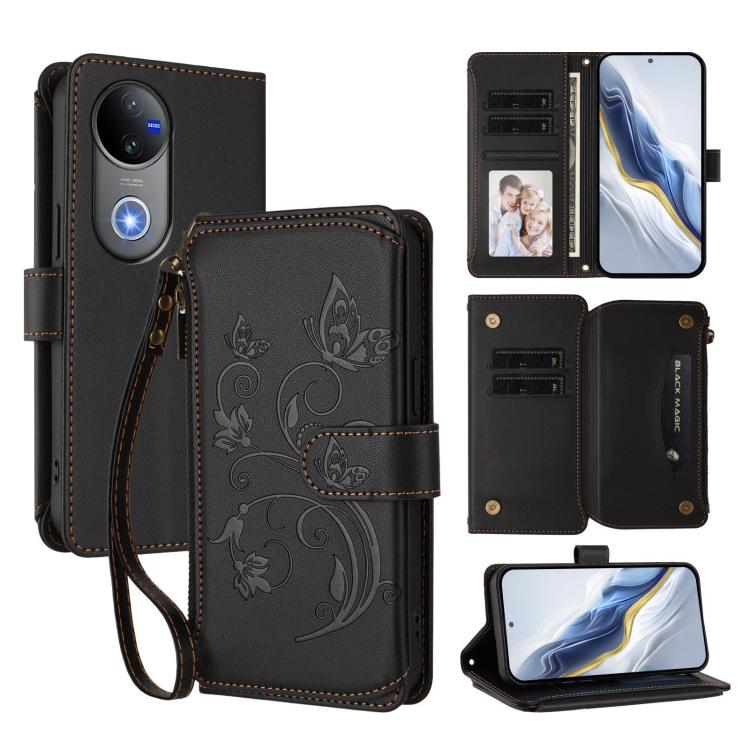 Dark leather phone wallet case with embossed butterfly-flower motif and zipper closure.