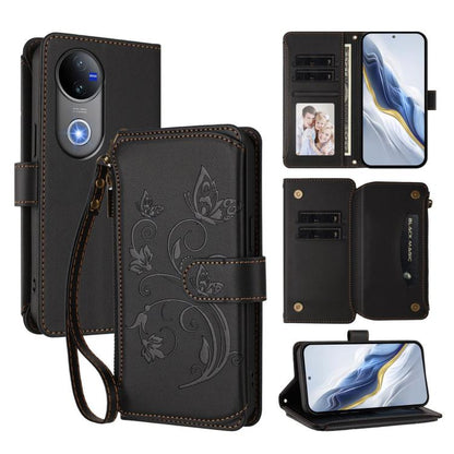 Dark leather phone wallet case with embossed butterfly-flower motif and zipper closure.